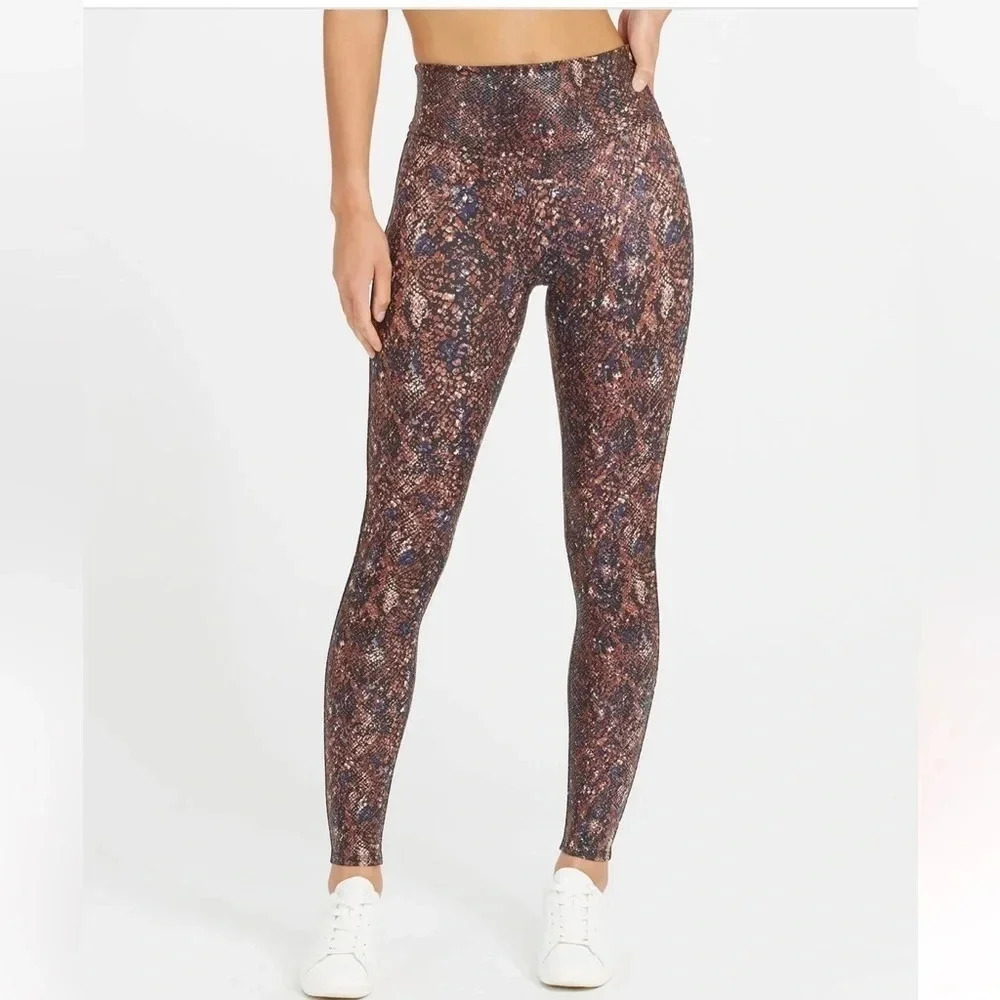 SPANX Faux Leather Snake Shine Leggings Mocha High Waisted Pants Women’s size S